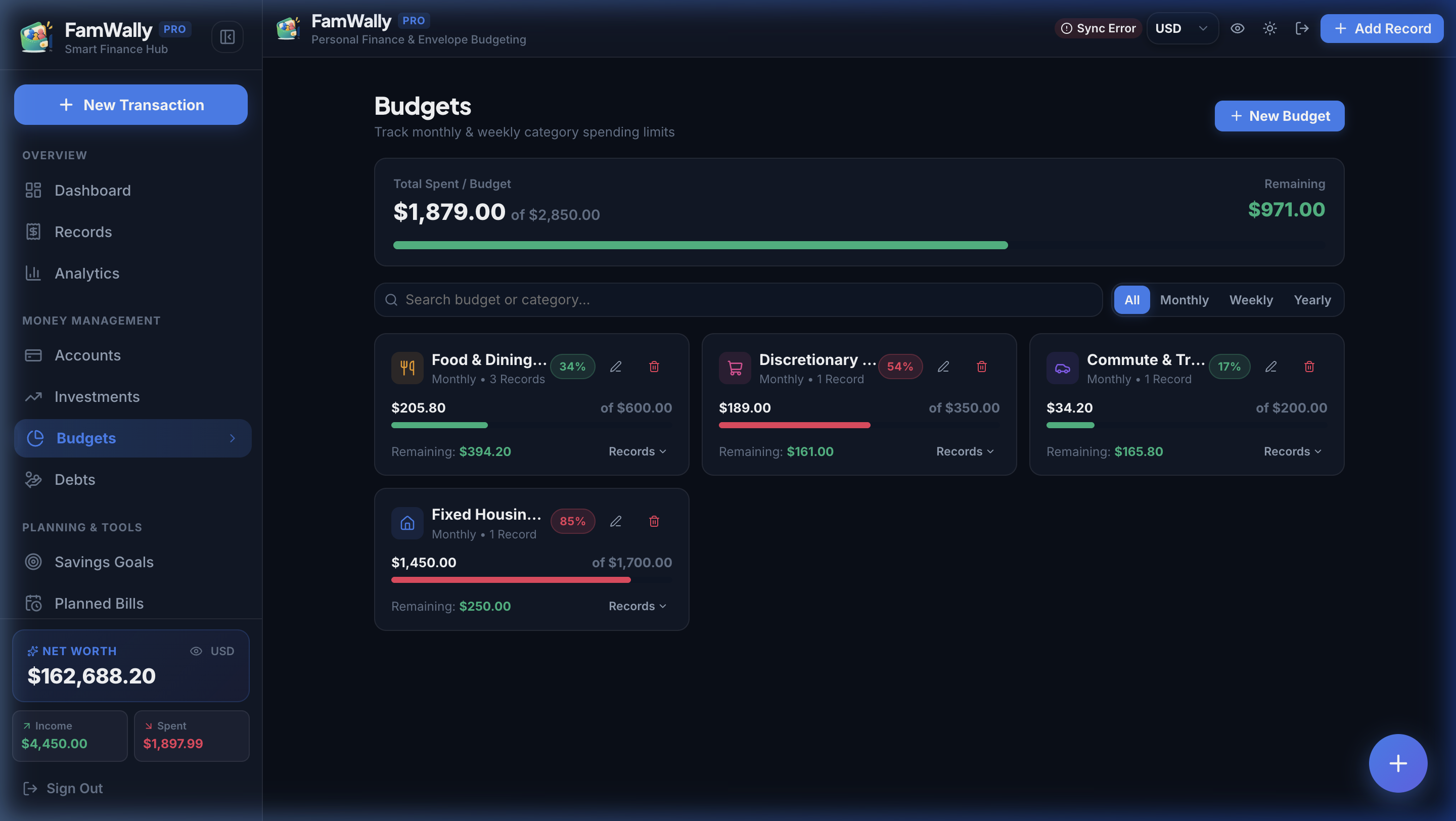FamWally Budgets View showing category envelopes with spending progress, rollover rules, and overspending warnings