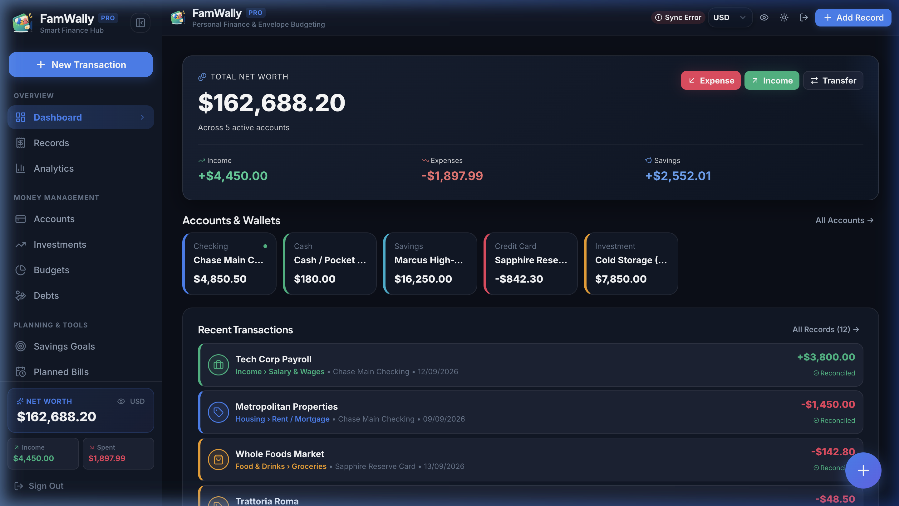 FamWally Executive Dashboard displaying Net Worth, Financial Health Score, Monthly Cash Flow, and Spending Categories
