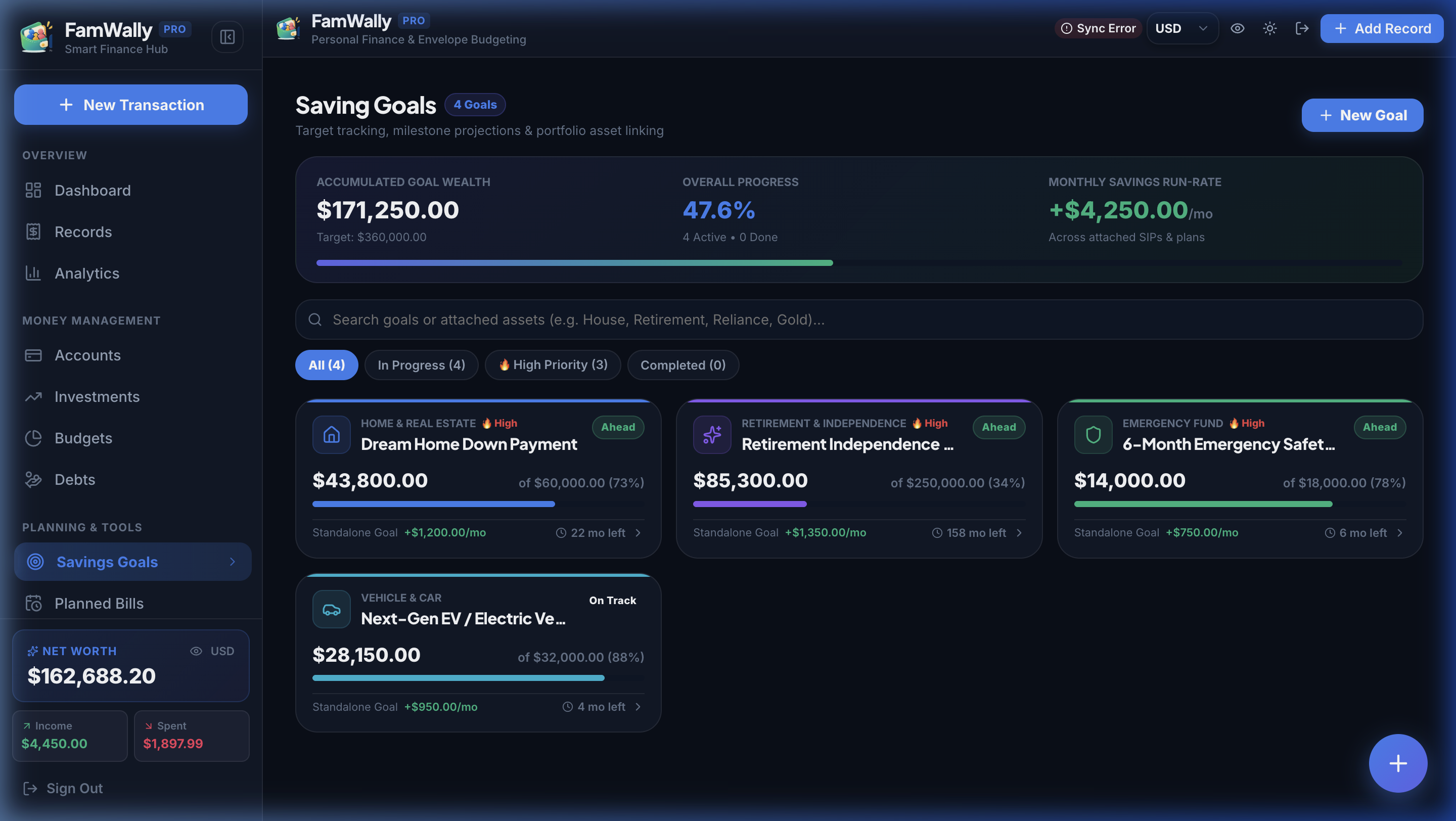 FamWally Goals View showing goal progress bars, target amounts, run-rate forecasts, and visual milestone badges
