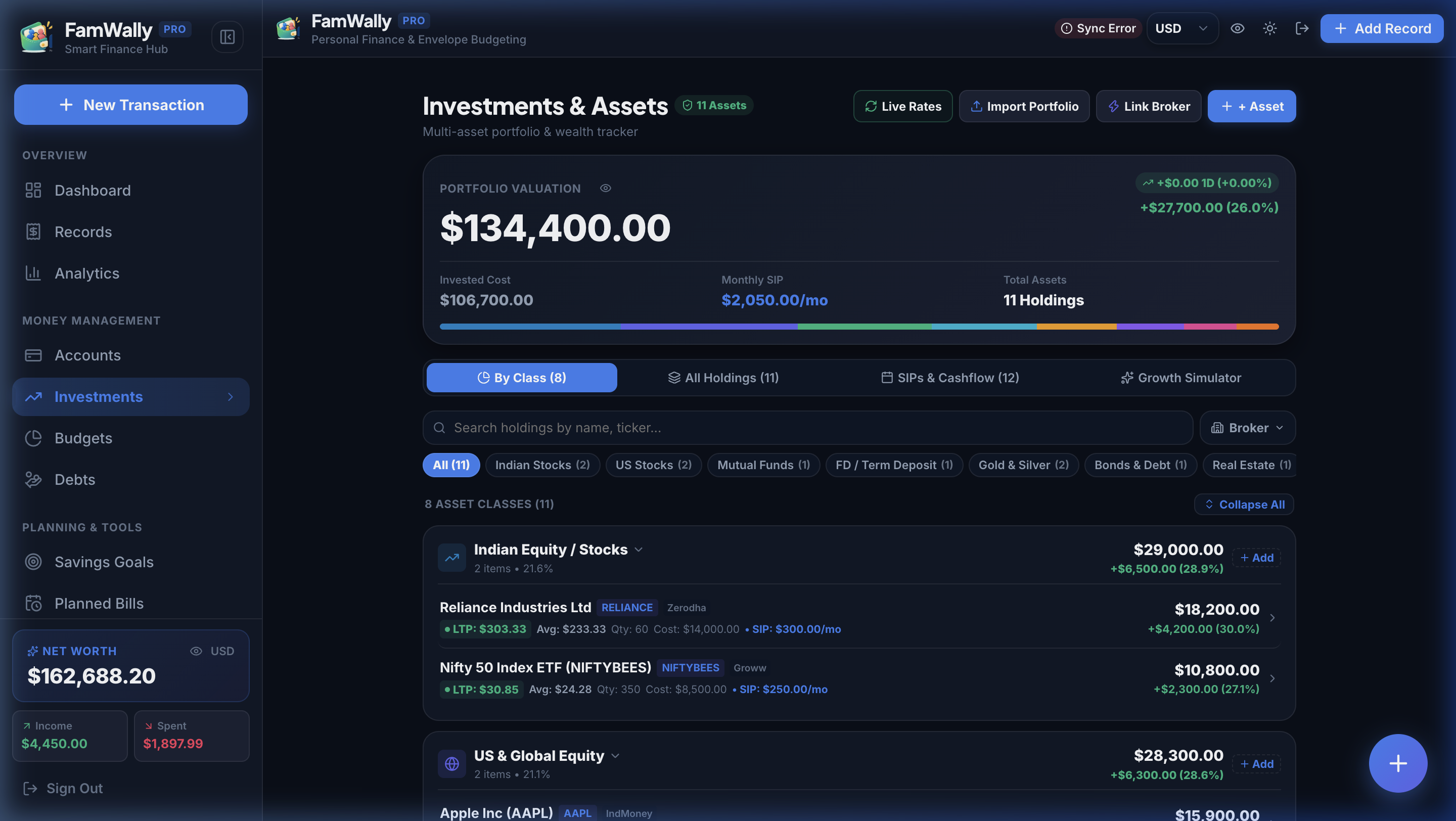 FamWally Investments View showing portfolio valuation, returns, asset allocation, and individual holdings